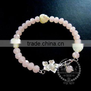 silver flower heart leaf charm summer ice pink faceted glass beads fashion women wiring bangle bracelet 6490037