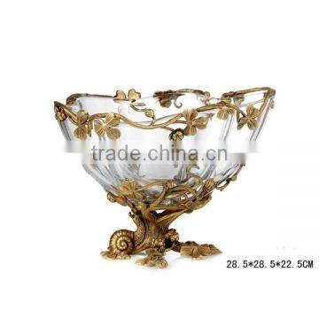 Unique Crystal Fruit Bowl Inlaid Bronze Casting Conch & Flower Vine Edge, Clear Crystal Decor Compote With Brass Base