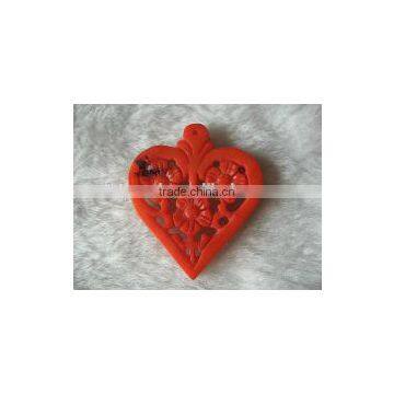 wholesale 30mm large heart red flower carved natural coral pendant