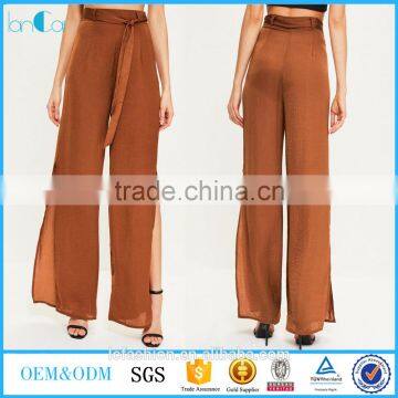 Wholesale ladies brown tie waist wide leg split side pants women wide leg satin pants