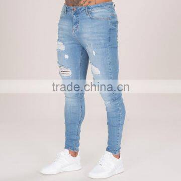 Hot Sale Jeans 2017 Mens Light Blue Skinny Distressed Denim Jeans photo-2