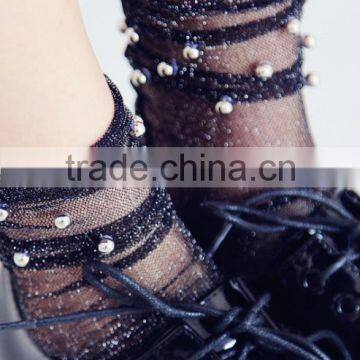 WS-50 New Sale Fashion Women Socks Summer Style Glitter Soft Black Lace Fishnet Pearl Mesh Ankle Socks Women photo-3
