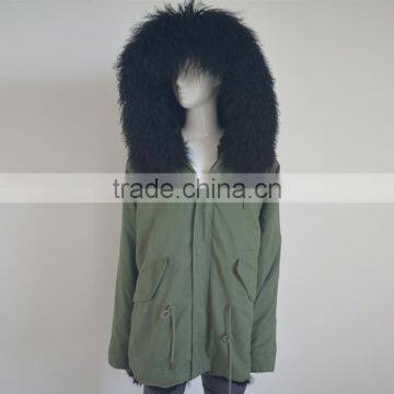 Myfur Black Sheep Fur Lining Mongolian Lamb Fur Hood Green Parka Jackets photo-2