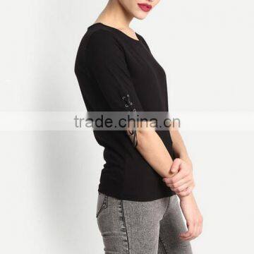 OEM Lady Blank T-shirt Women Tie up Sleeve t Shirt With Wholesale Price China photo-5