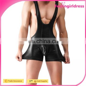 Black Mens Faux Leather Mens Underwear Jockstrap Freestyle Wrestling Singlet Struggles Bodysuit