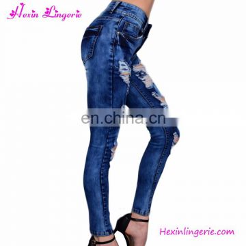 Factory price Blue Distressed Jeans Ripped damaged ripped denim jeans women