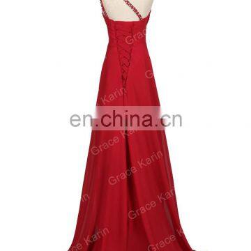 Grace Karin Fashion Beaded One Shoulder Dark Red Chiffon Prom Dress Long CL2949-7 photo-4