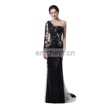 Hot Sale Sexy Black Long Sleeve Floor Length One Shoulder Lace Women Prom Dress