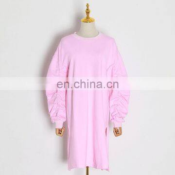 Korean Ruched O Neck Long Sleeve Oversize Loose Casual Knee Length Dresses Women 2020