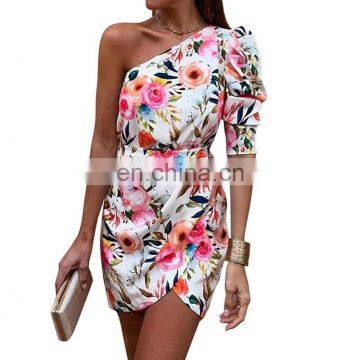 New One Shoulder flower Print Bodycon Dresses for Women Women One Shoulder Floral Print Bodycon Mini Dress