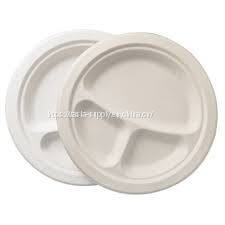 Biodegradable 9 inch 3 compartment bagasse round plate sugar cane compostable disposable plates
