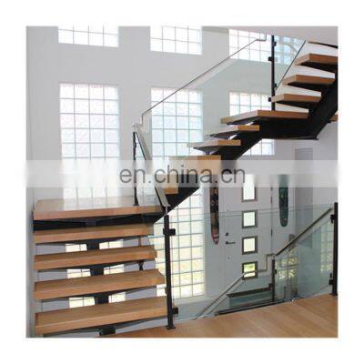 Mono steel stringer straight interior staircases with wood tread and glass railing design