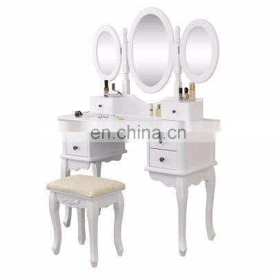 Classic Wooden 3 Fold Mirrors White Dressing Table Wood Dresser photo-5