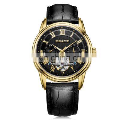 Wholesale Gold Case Wrist Watch OEM Leather Straps Skeleton Mechanical Watches Men Luxury Brand Automatic