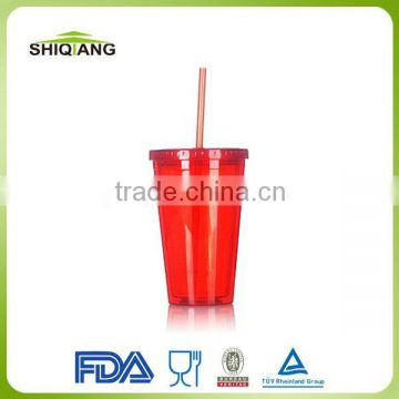 China manufacturing bpa free 450ml double wall plastic coffee mugs with lid and straw