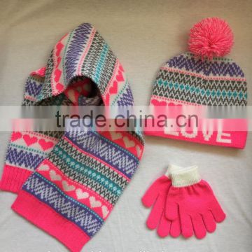 Fashion sweet heart and love jacquard knitted winter hat beanie rib scarf and magic gloves set for kids and girls