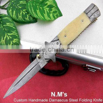 udk f63" custom handmade Damascus folding knife / pocket knife with camel bone and Damascus bolster