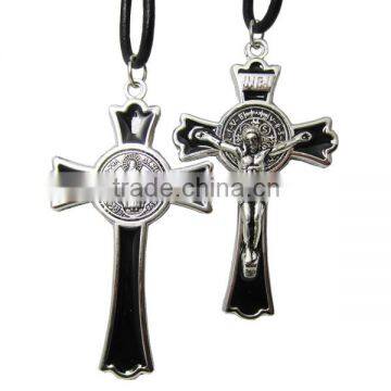 3 Inches Black Enamel Croce Saint Benedict Crucifix Cross Necklace