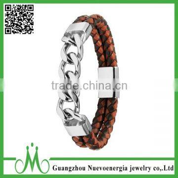 Natural Braided Leather Bracelet Stainless Steel Braided Personalised Rocker Brown Leather Bracelet