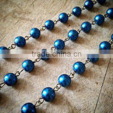 100cm Round Pearl Blue Bead Necklace Chain 5mm Bead Gold Chain Jewelry Making Supplies