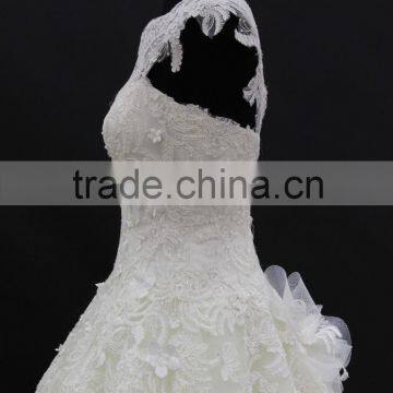 Cream Nice Design Embroidery Lace Appliques Cap Sleeve Long Train Wedding Dress photo-4
