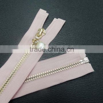 5# metal open end zipper with pearl pull for jacket ,auto lock custom zipper