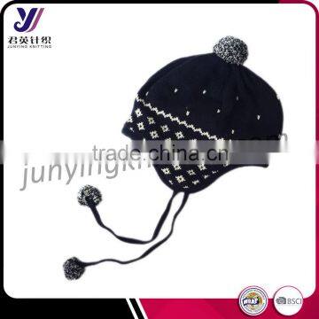 Fashion winter children wool felt knitted cover ear hats with pom poms wholesale china(Accept the design draft)