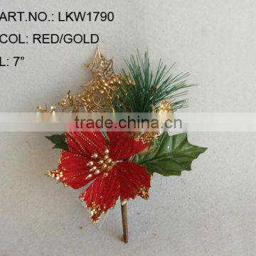 Popular Artificial Christmas Red Poinsettia Pick 7" Artificial Polyfoam With Berries and Pineneedle Pick