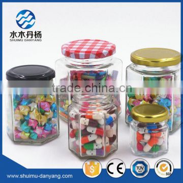 High quality hexagon shaped clear food storage glass jar