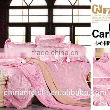 Romantic Rayon silk Wedding bedding Set lace embroidery 40S King Size 7PCS Pink Rose