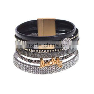 Fashion Multilayer Leather Bracelet Rhinestone Leather Wrap Bangles Lucky Leather Bangles