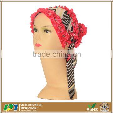 Muslim hijab hat red floral and striped scarf ties