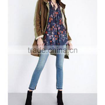 Wholesale Women Band Collar Long Sleeves Slit Cuffs Semi Sheer Floral Print Georgette Blouse(DQE0159T) photo-2