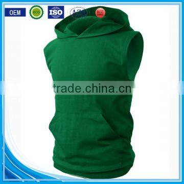 OEM new design cotton plain mens custom sleeveless hoodie with pocket