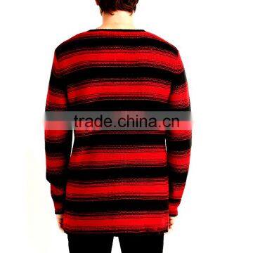 Crew Neck Long Sleeve Acrylic Pullover Purl Knit Mens Red and Black Striped Sweater photo-3