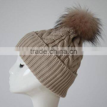 Myfur Knitted Beanie Slouchy Unisex Cap Baggy Skull Ski Keep Warm Hat with Fur Ball