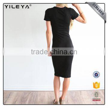Factory Supply Ladies Plain Cotton Dress Designs,knee Length One Piece Black Dress,women Bodycon Midi Dress photo-3