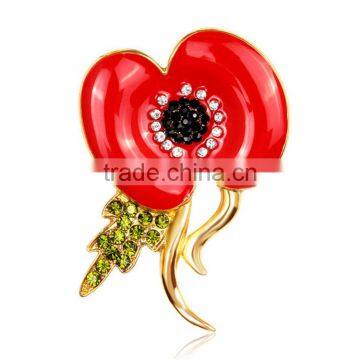 Red Jewelry Crystal Poppy Flower Brooch In Gold Plating - 5.8cm Length