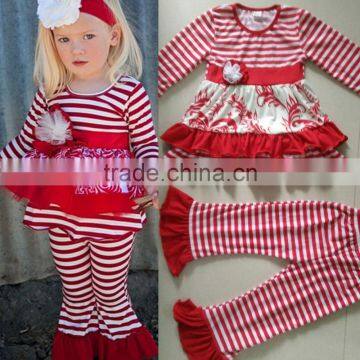 top selling red stripe ruffle custom baby girls clothes sets