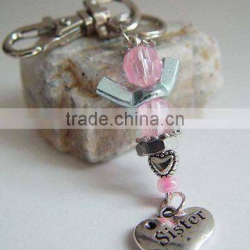 Wholesale heart charm keychain/pink Acrylic beads charm keychain with imitation rhodium plated/Engraving words"Sister" keychain