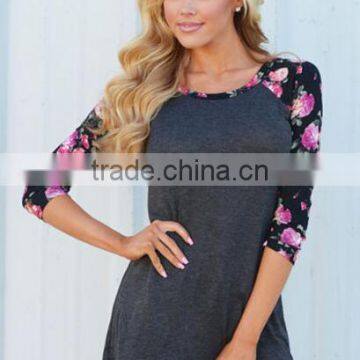 Trendy T Shirt Women Flowers Printing Sexy Stitching O-Neck T-shirt cheap t shirt women