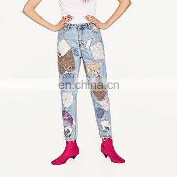 Retro High Waisted Thai Patchwork Latest Design Ladies Jeans Pants