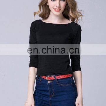 wholesale casual basic blouse long sleeves boat neck plain black grey white women t shirt