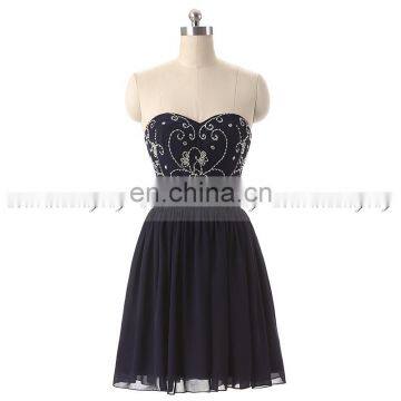 Short Beaded Sweetheart Party Dress Rhinestone Navy Blue Chiffon Cocktail Dresses