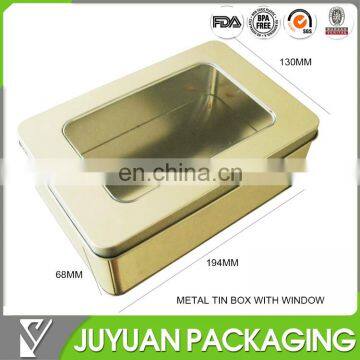 First grade plain metal tin box with PVC window on top hinged lid/tin lunch box plain