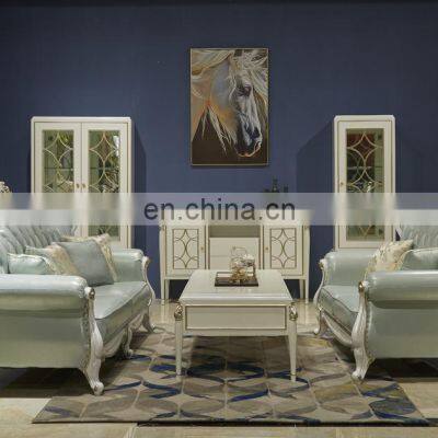 Blue Italian Luxury 1+2+3 Classic Solid Wooden Structure Leather Couch Living Room Sofa Sets Furniture photo-5