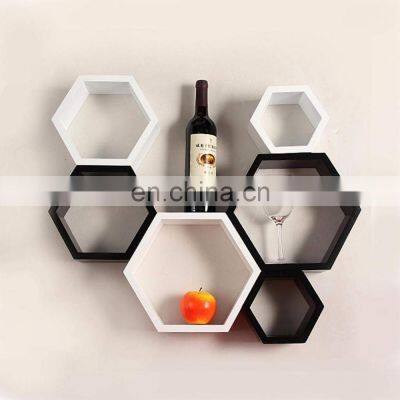 6 Piece Mount Hexagon Shape MDF Wall Shelf, Black and White