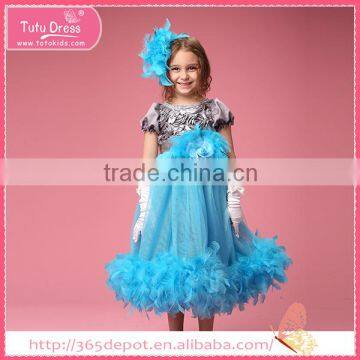 Wholesale pure blue sleeveless over knee dress hem feather decorated