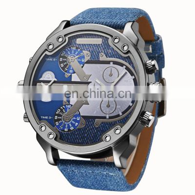 OULM Men's Quartz-watch Analog Dual Movement 3 Time Zone Wristwatch Leather Strap Sports Military Gift Watch 3548