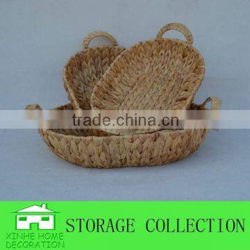 S/3 Oval Natural Handwoven Water Hyacinth Tray With Handles
